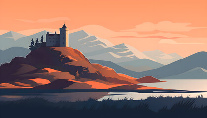 Scottish landscape with mountains and old castle by the lake. Illustration with beautiful landscape. - obrazy, fototapety, plakaty