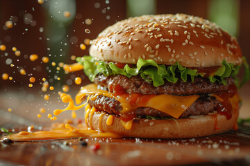 Juicy double cheeseburger with splashes of sauce and flying ingredients like lettuce, tomato, and cheese, on a rustic table with a bokeh background.