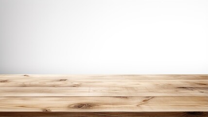 Front view of a shiny wooden surface of shelf, desk, display, or board isolated on a simple white background. Generative AI.