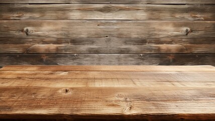 Fototapeta premium Front view of a shiny wooden surface of shelf, desk, display, or board isolated on a simple white background. Generative AI.