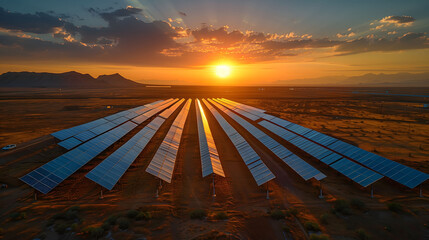 Aerial view of the solar power plant in the desert at sunset
