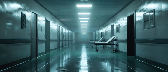 Empty hospital corridor, gurneys abandoned, flickering lights overhead - obrazy, fototapety, plakaty