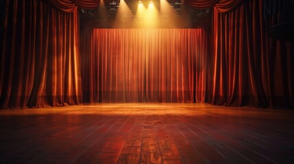 Empty theater stage with curtains drawn, a single spotlight shining