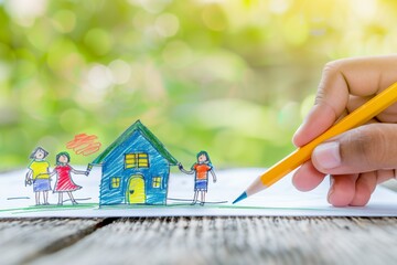 Child hand holding pencil and drawing house and family together with other kids	
