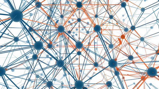 Abstract network concept with interconnected lines and dots representing communication, technology, and data analysis on a gradient blue to white background. - Powered by Adobe