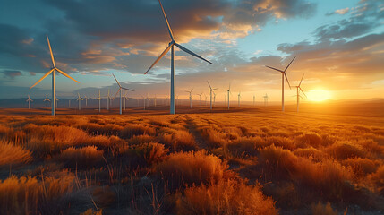 Wind turbines in the agricultural land at sunset