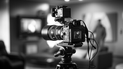 modern video camera on a tripod, professional videography camera, photography or videography business 
