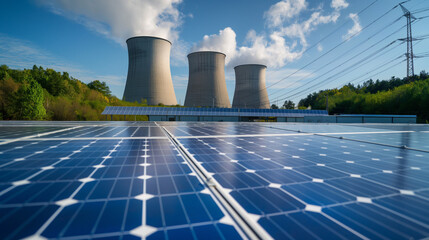 Nuclear power plant and solar power plant with golden sunshine - obrazy, fototapety, plakaty