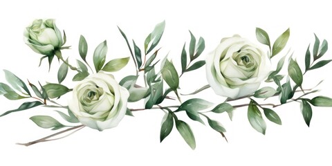 Olive roses watercolor clipart on white background, defined edges floral flower pattern background with copy space for design text or photo backdrop minimalistic  - obrazy, fototapety, plakaty