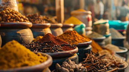 Various spices and herbs and dry fruits in the local market on a stall in the Arabian market, in India - obrazy, fototapety, plakaty