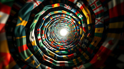 Abstract tunnel with a spiral pattern of various world flags leading towards a bright light at the end, symbolizing international unity and global cooperation. - Powered by Adobe