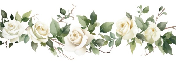 Olive roses watercolor clipart on white background, defined edges floral flower pattern background with copy space for design text or photo backdrop minimalistic 
