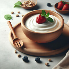homemade organic coconut greek yogurt in wooden bowl, probiotics food for gut health, keto, ketogenic diet, dairy free and gluten free, healthy plant based vegan food - obrazy, fototapety, plakaty