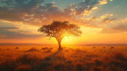 African savanna sunset  acacia tree silhouette, grazing gazelles, vibrant colors at golden hour