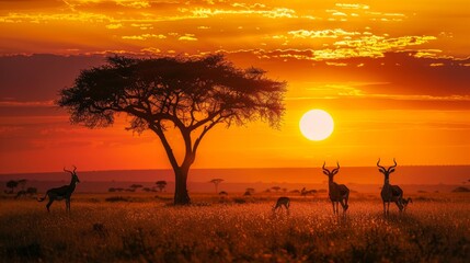 African savanna  sunset silhouette of acacia tree, grazing gazelles in vast grassland at golden hour