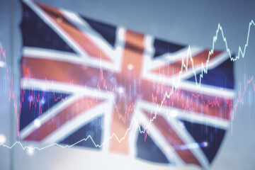 Multi exposure of abstract virtual financial graph hologram on flag of Great Britain and sunset sky background, forex and investment concept