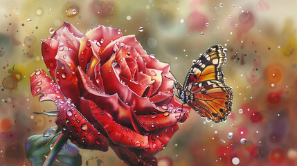 Red rose with a butterfly