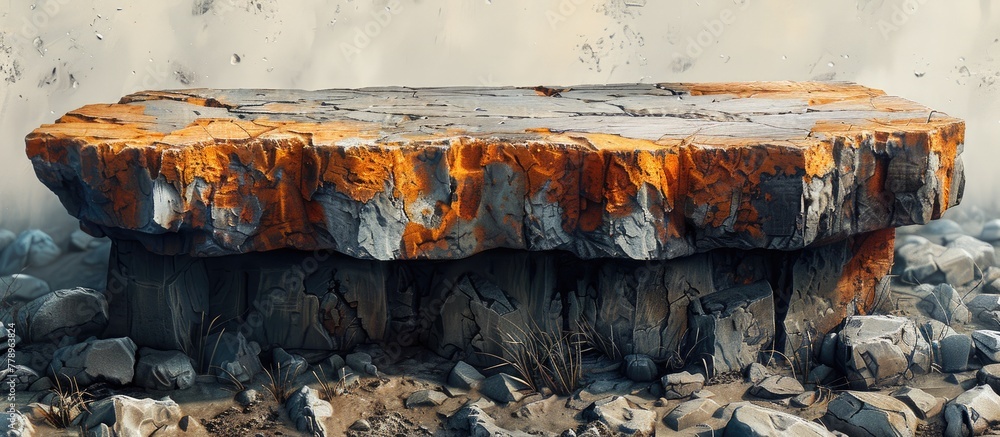 Poster a massive boulder perched above a cluster of rocks in a natural landscape, creating a dramatic contr