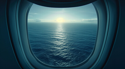 View of a serene ocean sunset through the porthole of a ship, with gentle waves reflecting the warm...
