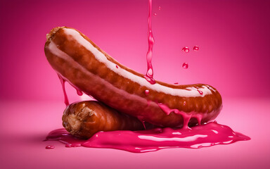 Sausage with dripping pink sauce on pink background