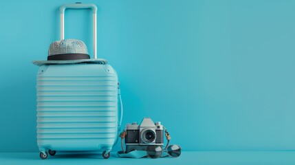 Obraz premium baggage travel. Blue suitcase with travel accessories such as sunglasses, hat and camera on light blue background.