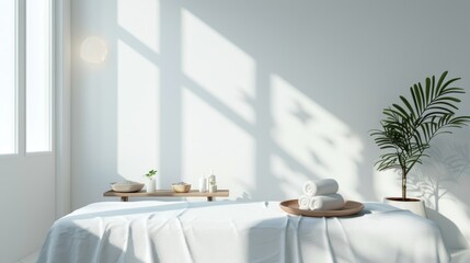 Beautiful spa elements on the massage table in the wellness center. Massage on light wooden background. blur living room, natural creams and moisturizing Healthy lifestyle