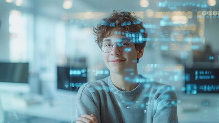 Smiling young professional with digital data overlay, representing modern technology in a corporate office environment.