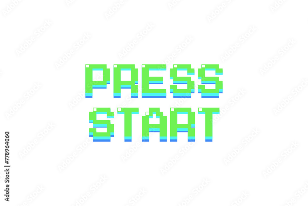 Poster computer generated a text message screen: press start. 3d rendering 8-bit font, black background for