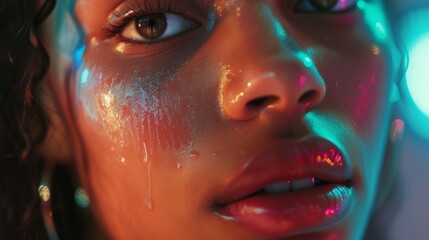 Close up of beautiful young woman. Arrows, glowing dark skin, wet lip gloss. Beauty and sensuality, portrait, face, fashion, woman, female, skin, makeup, young, model, style