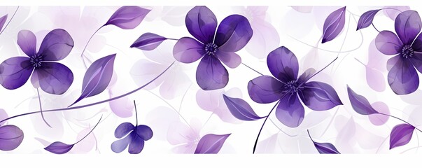 Violet flower petals and leaves on white background seamless watercolor pattern spring floral backdrop 