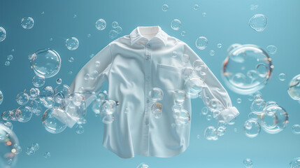 3d white shirt washed and spun in water, with soap bubble elements, isolated on blue background. Generative AI. - obrazy, fototapety, plakaty