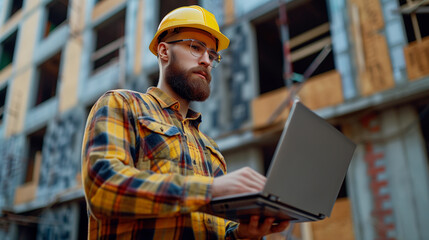 Male technician working with computer laptop at construction site background. Worker or manager control product quality in workshop. Generative AI.
