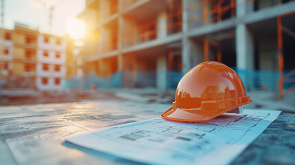 Orange plastic helmet for workers security lies on a blueprint at a construction site background. Generative AI. - obrazy, fototapety, plakaty