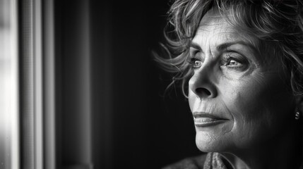 Dramatic monochrome portrait of middle aged woman with intense gaze in soft window lighting - obrazy, fototapety, plakaty
