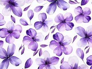 Violet flower petals and leaves on white background seamless watercolor pattern spring floral backdrop 