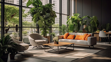 Fototapeta premium Green office decor, modern office interior design. Generative AI.