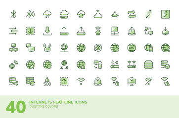 Set vector icon of internet and networks. Duotone colors isolated in white background. Flat line icons