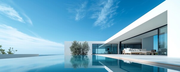 Modern minimalist sustainable house with a clear blue pool with sleek white walls, and a serene sky backdrop	