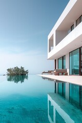 Obraz premium Modern minimalist sustainable house with a clear blue pool with sleek white walls, and a serene sky backdrop 