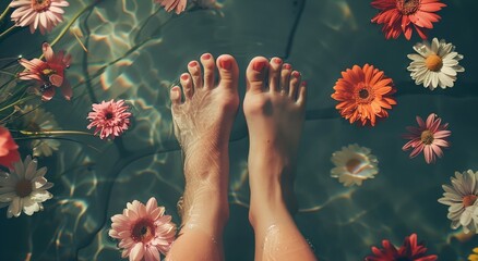 a person's feet in water with flowers floating around them - obrazy, fototapety, plakaty