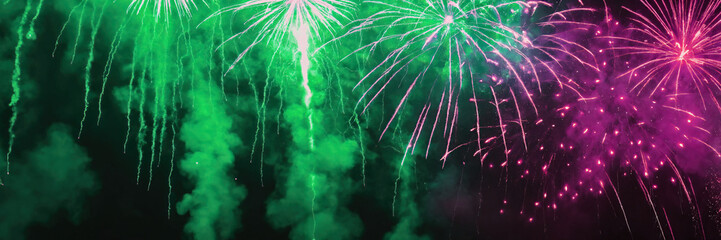 Green and Purple Fireworks Celebration at Night
