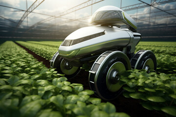 A robot is driving through a field of green plants