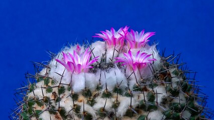 Mammillaria sp., close-up of a cactus blooming with pink flowers in spring