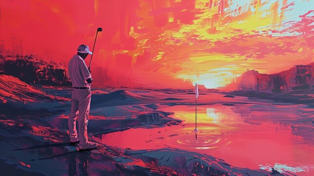 a man holding a golf club in front of a sunset