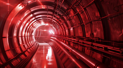 Futuristic red-lit tunnel with reflective floor, creating a sense of depth and mystery, suitable for concepts of technology, sci-fi, and modern architecture.