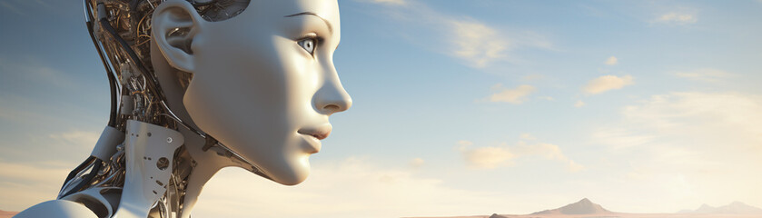 A woman's face is shown in a futuristic style, with a mountain in the background