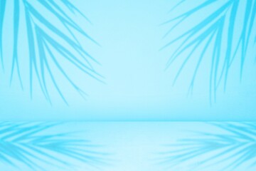 Fototapeta na wymiar tropical podium with palm shadow for display product 3d rendering. empty blue color studio room background 