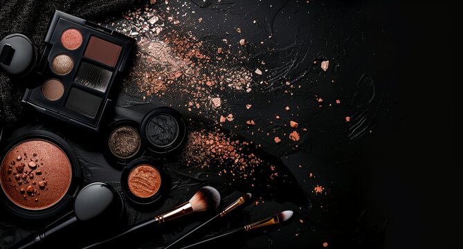 a collection of makeup brushes and eye shadows on a black surface