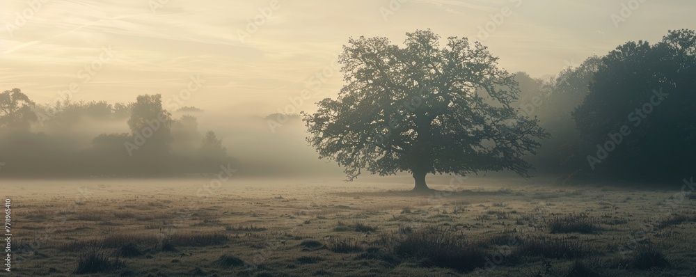 Poster a tree stands in a field of grass with fog in the background