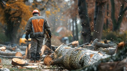 a man cutting a log with a chainsaw in a forest - obrazy, fototapety, plakaty